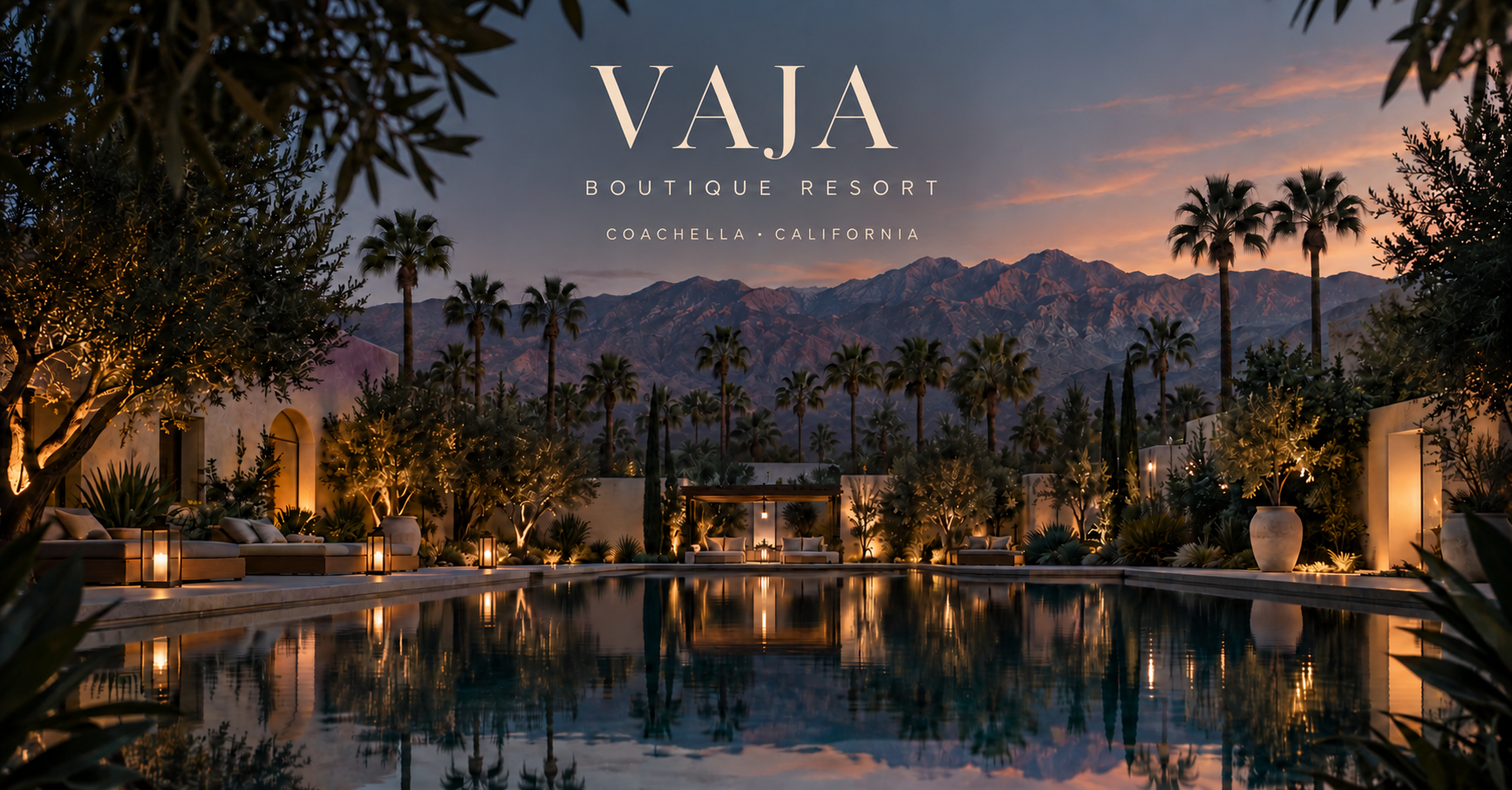VAJA Boutique Resort — Coachella · California. Desert resort illustration at dusk.